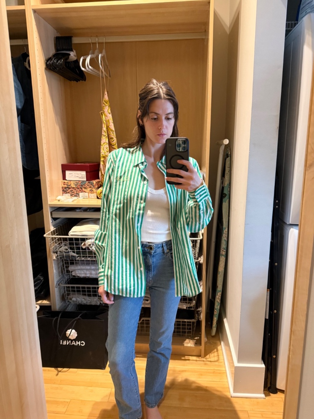 Claire V Green and White Striped Button Down Shirt - Picture 2 of 13